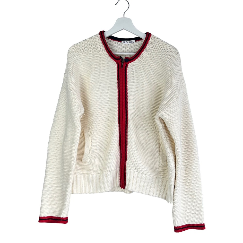 Alex Mill Womens Ivory Cotton Chunky Waffle Knit Zip Front Cardigan Sweater L